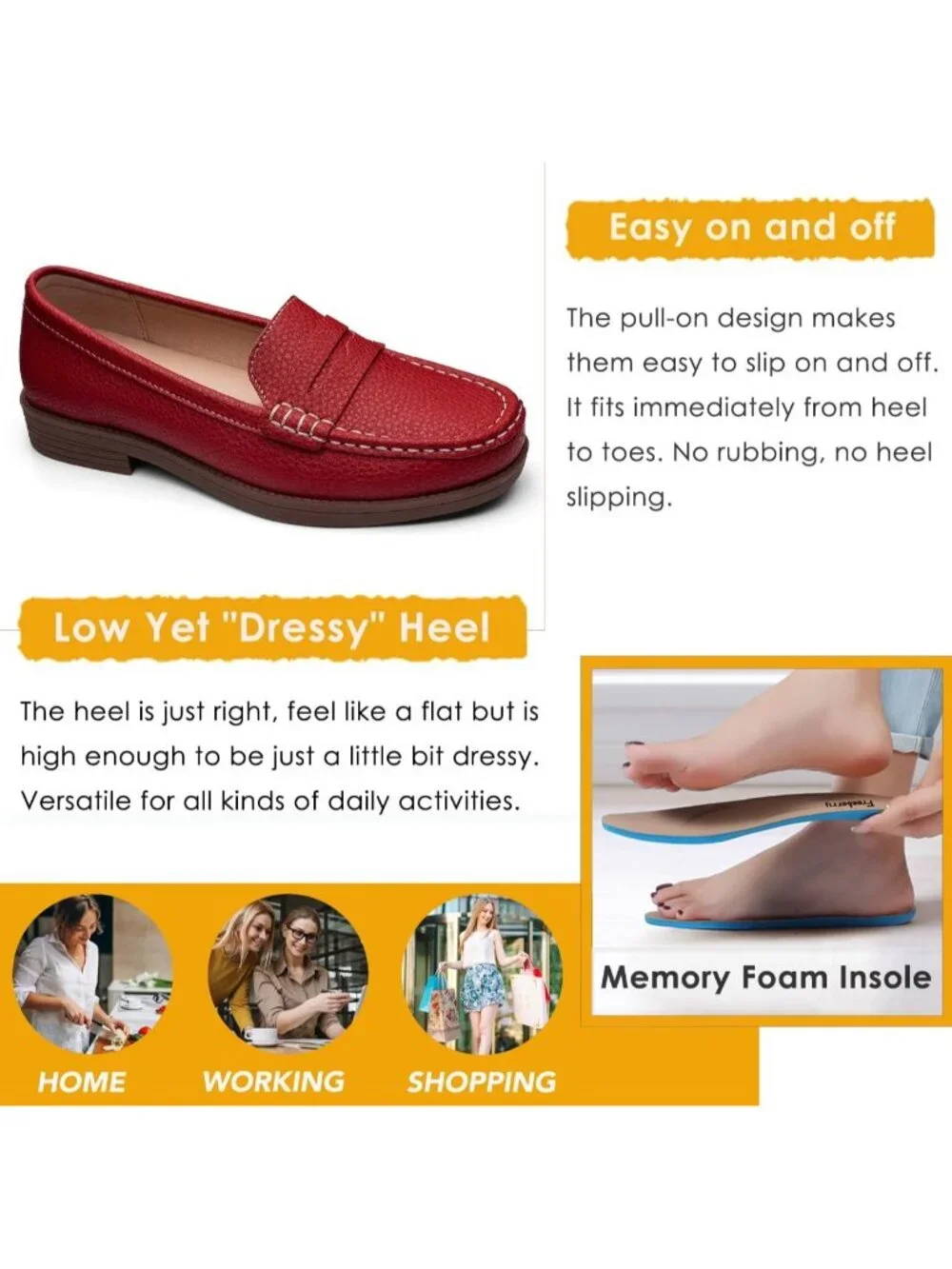 Women's Red Leather Comfortable Penny Loafers Slip On Casual Walking Shoes